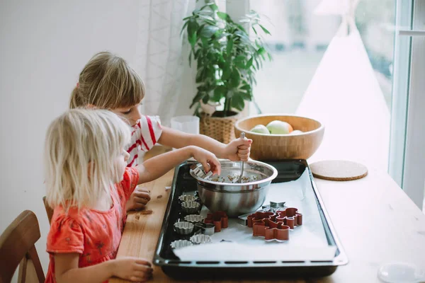 Two Cute Little Sisters Cooking Home — Stock Photo, Image