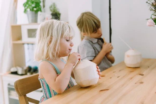 Adorable Little Girl Drinking Coconut Milk Home — Stock Photo, Image