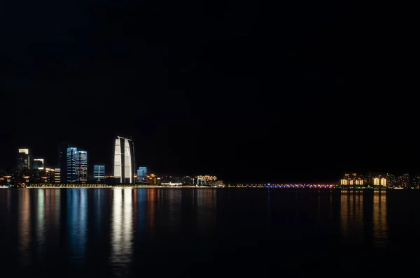 Suzhou Business Center Night Viewed Lake Colorful Lights Reflecting Water — Stock Photo, Image