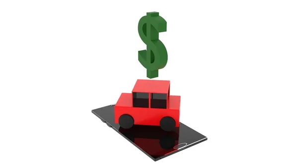 Green Money Sign Red Black Car Hovering Cellphone All Floating — Stock Photo, Image