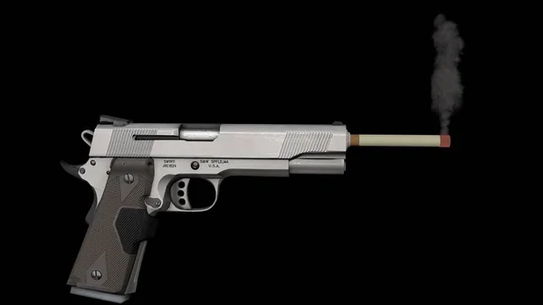 Серый Пистолет Зажженной Сигаретой Конце Бочки Плавающие Черном Бесконечном Фоне — стоковое фото