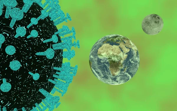 Renderowanie Pół Gigantycznej Komórki Koronawirusa Obok Pełni Teksturowanej Planety Ziemia — Zdjęcie stockowe