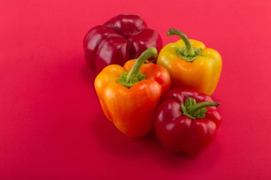 Tatlı bellpepper. İki kırmızı ve kırmızı bir arka plan üzerinde iki sarı-turuncu tatlı bellpeppers. Dört adet. Stüdyo ışık. Üstten görünüm