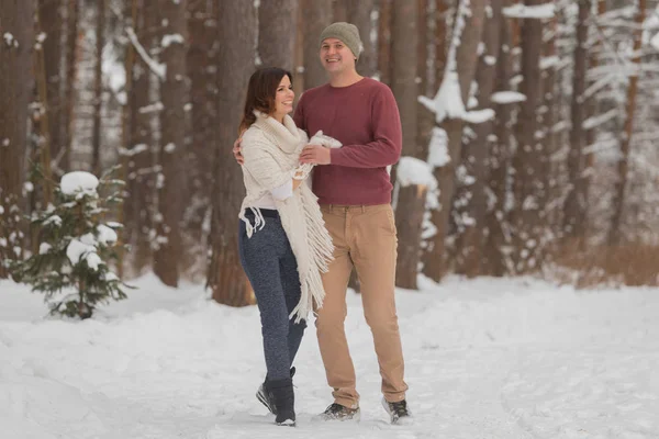 Romantic walk in the winter forest.Young happy couple in love walking in the winter snowy forest