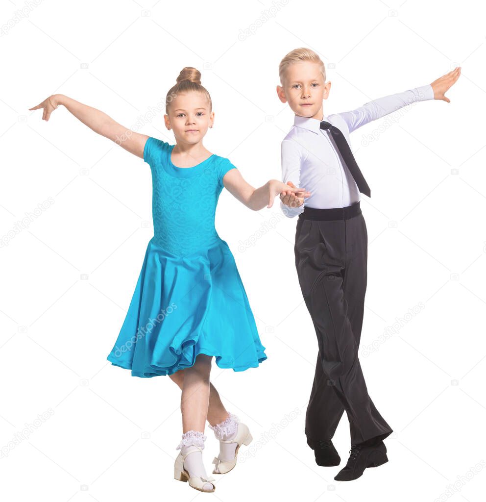 Sports ballroom dancing. Couple of dancers, boy and girl in costumes for ballroom dancing. Isolat