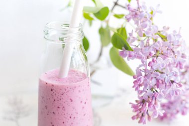 Kokteyller için bir pipetle cam bir kavanoza koyulmuş dut püresi, hafif bir arka planda leylak dalı. Sağlıklı yaşam tarzı, diyet, detoks. Plastiğin reddi. Gün ışığı, seçici odaklanma. Yakın çekim, makro.