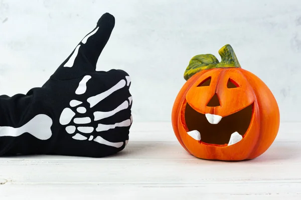 Orange Decorative Cheerful Pumpkin Lantern White Background Skeleton Hand Glove — Stock Photo, Image