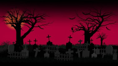 Geceleri karanlık ve ürkütücü bir mezarlık sahnesi siluetli ağaçlar, eğri mezar taşları ve gökyüzüne kırmızı bir parıltı saçan dolunay. Cadılar Bayramı, korku ve ürkütücü temalar için mükemmel bir geçmiş..