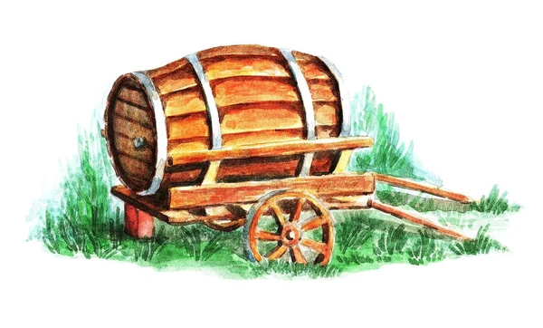 Акварельный Рисунок Старой Дубовой Бочки Вином Раскрашенной Вручную Иллюстрация — стоковое фото
