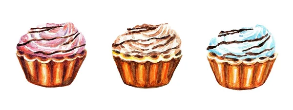 Cupcakes Chocolate Vanilla Cream White Background Illustration Watercolor — Stock Photo, Image
