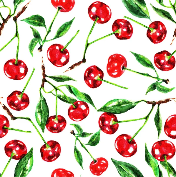 Zökkenőmentes Akvarell Minta Cseresznye Sprigs Fehér Alapon — Stock Fotó