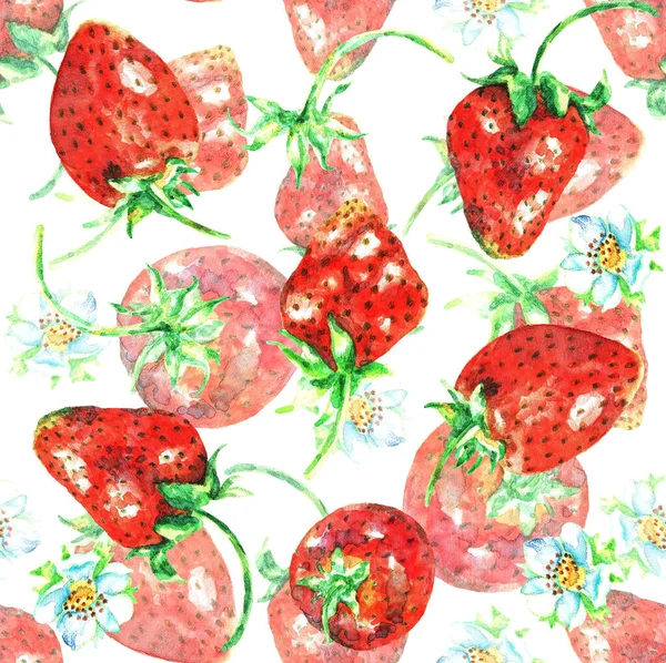 Aardbeien Bloemen Een Witte Wenkbrauw Naadloos Aquarel Illustratie — Stockfoto