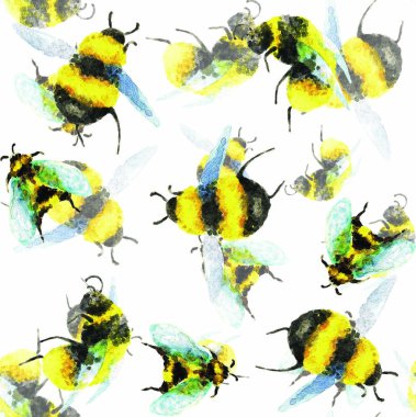 Beyaz arka planda yaban arıları, kusursuz bir desen. Suluboya. Görüntü