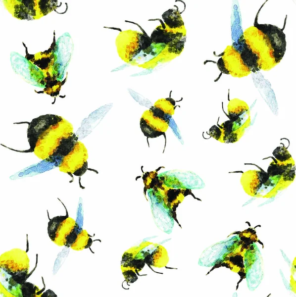 Bumblebees Fundo Branco Padrão Sem Costura Aquarela Ilustração — Fotografia de Stock