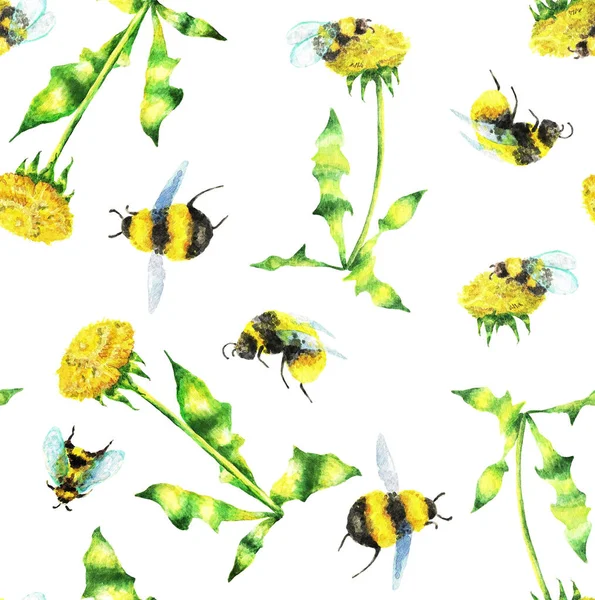 Seamless pattern of bumblebees and dandelions on a white background. Watercolor. Illustration