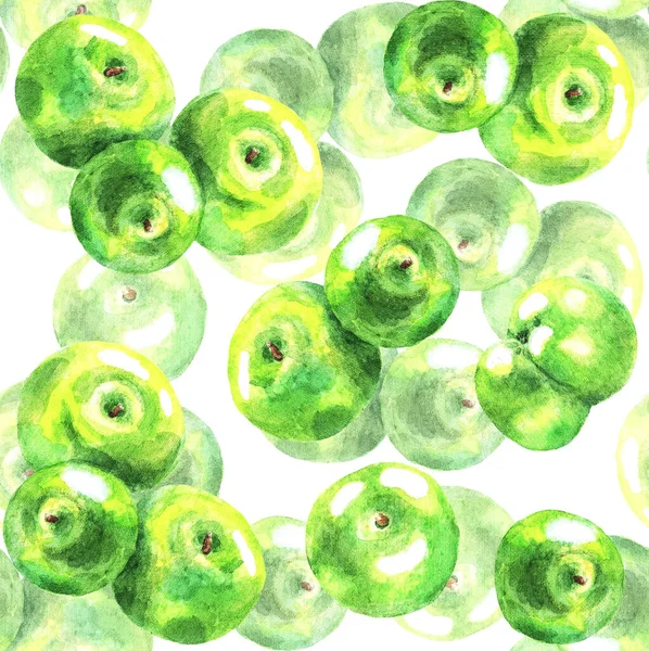 Zelená Jablka Bílém Pozadí Bezproblémový Vzorec Akvarel Ilustrace — Stock fotografie