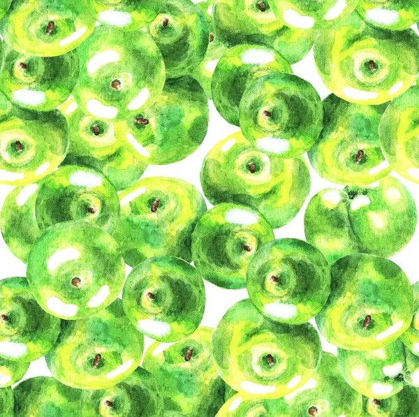 Green apples on a white background. Seamless pattern. Watercolor. Illustration