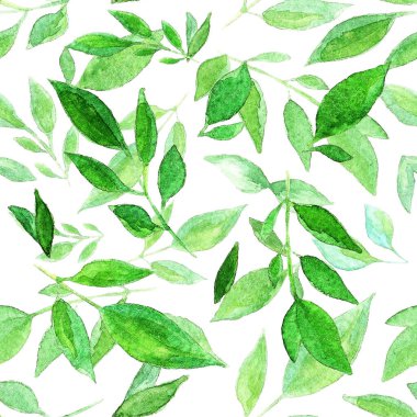 Farklı şekillerde yeşil yapraklardan duvar kâğıdı. Suluboya. Görüntü