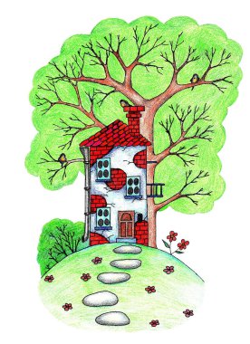 Beyaz arka planda, ağacın yanındaki ev. Renkli kalem. Görüntü