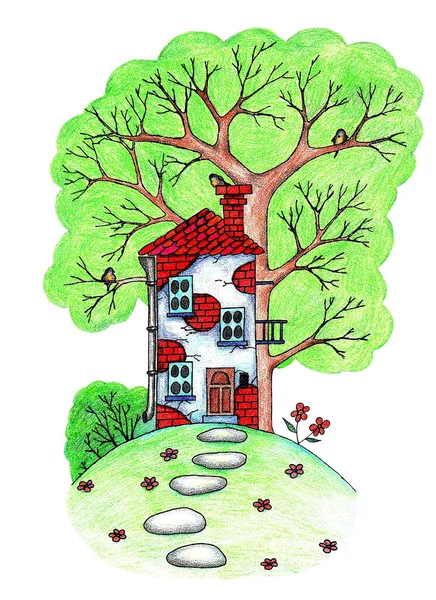 Casa Sull Albero Sfondo Bianco Matita Colore Illustrazione — Foto Stock