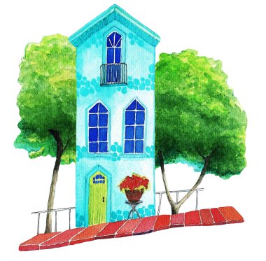 Caddedeki mavi ev, beyaz arka planda. Suluboya. Görüntü