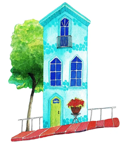 Maison Bleue Dans Rue Sur Fond Blanc Aquarelle Illustration — Photo