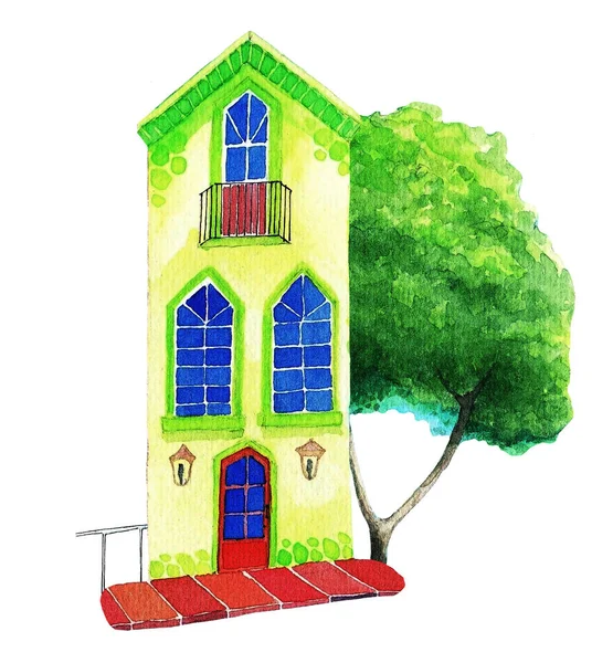 Grönt Hus Gatan Vit Bakgrund Akvarell Illustration — Stockfoto