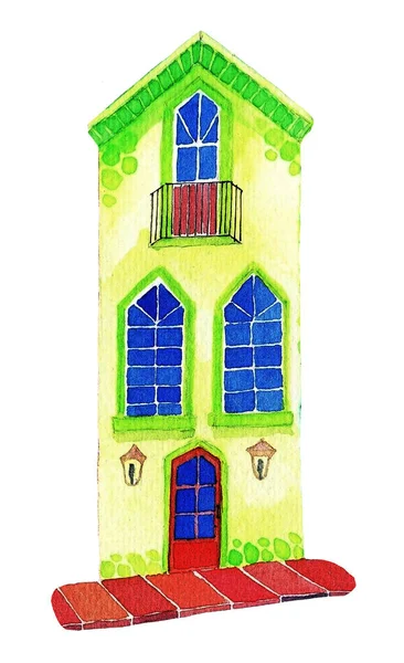 Grünes Haus Auf Der Straße Auf Weißem Hintergrund Aquarell Illustration — Stockfoto