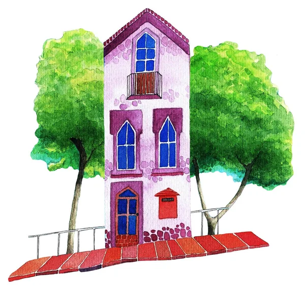 Lilac Hus Gatan Vit Bakgrund Akvarell Illustration — Stockfoto