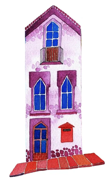 Casa Lilla Sulla Strada Sfondo Bianco Acquerello Illustrazione — Foto Stock