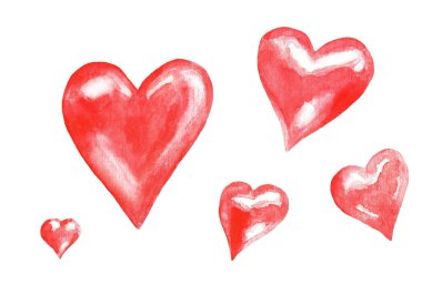 Beyaz arka planda farklı kalpler, suluboya. Görüntü