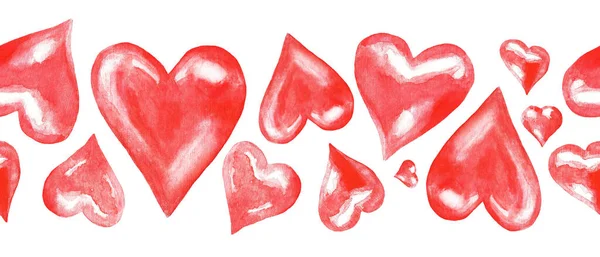 Akvarell Szív Zökkenőmentes Minta Ismétlés Valentin Napi Háttér Festett Piros — Stock Fotó
