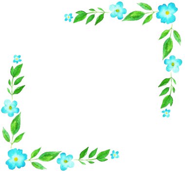 Çiçekler, yeşillikler ve dallarla suluboya çerçeveler. Elle boyanmış güzel resimler. Kutlama kartı, düğün, doğum günü ve bebek kartları, davetiyeler, harfler,