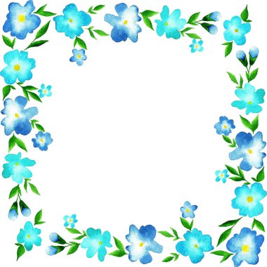 Çiçekler, yeşillikler ve dallarla suluboya çerçeveler. Elle boyanmış güzel resimler. Kutlama kartı, düğün, doğum günü ve bebek kartları, davetiyeler, harfler,