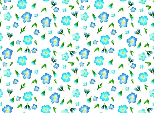 Υδατογραφία Χέρι Ζωγραφισμένα Απρόσκοπτη Μοτίβο Από Μπλε Λουλούδια Και Φύλλα — Φωτογραφία Αρχείου
