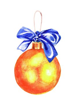 Dekoratif unsur. Noel balosu. Noel ağacı oyuncağı. Mavi fiyonklu kırmızı cam top. El çizimi suluboya arka plan çizimi. Beyaz arkaplanda izole