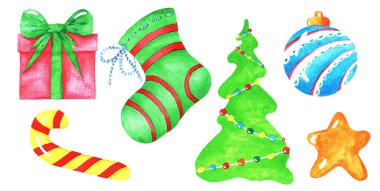 Bir dizi Noel elementi. Suluboya. Görüntü