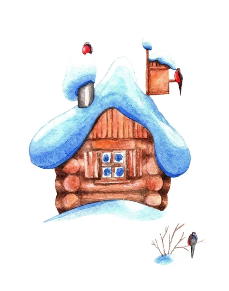 Χειμερινή Ακουαρέλα Vintage Σπίτι Καλύπτονται Χιόνι Απομονώνονται Λευκό Φόντο — Φωτογραφία Αρχείου