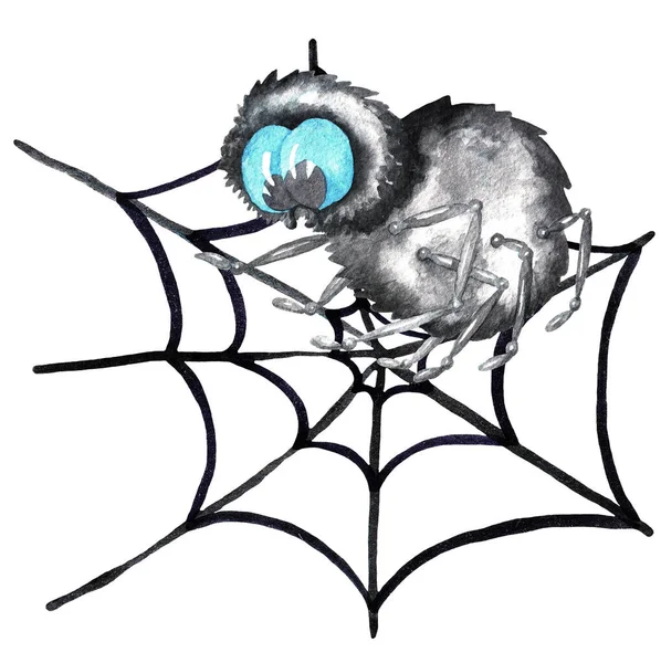 Set Spider Webs Spider White Background Halloween Watercolor Illustration — Stock Photo, Image