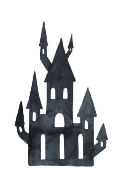 Beyaz arka planda siyah bir kale silueti. Cadılar Bayramı. Suluboya çizimi