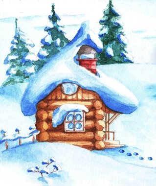 Kış manzarası. Kar yığınları ve ağaçların arka planına karşı kırsal bir ev. Suluboya çizimi