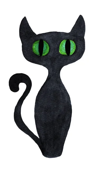 Černá Kočka Zelenýma Očima Halloween Obrázek Barvy Akvarelu — Stock fotografie