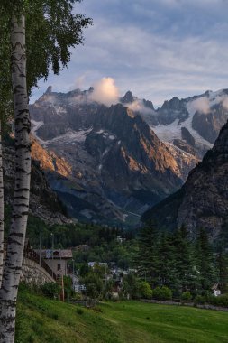 Önünde huş ağaçları olan Mont Blanc buzulunun manzarası, Courmayeur, Aosta, İtalya