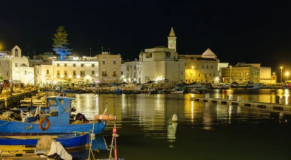 Night view of Trani harbor in Apulia, Italy, with boats, reflections, and illuminated cathedral. Idyllic Mediterranean seascape for travel and lifestyle imagery