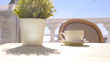 Saksıyı bir güneşli sabahı açık veranda yanındaki masada kahve çift.