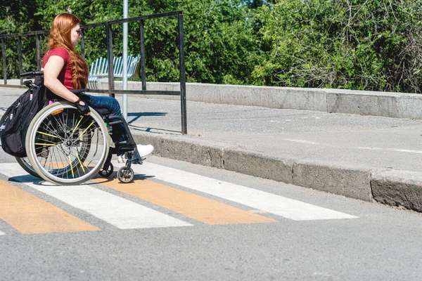 Young Woman Wheelchair Front High Curb Pedestrian Crossing Concept Low Royalty Free Stock Photos