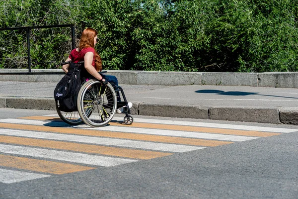 Young Woman Wheelchair Front High Curb Pedestrian Crossing Concept Low Royalty Free Stock Images