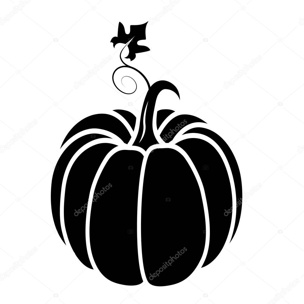 Vector black and white pumpkin icon in a flat style. The illustration is suitable for decorating a Halloween holiday, menu, food.