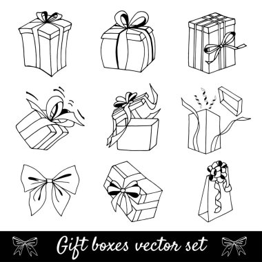 Siyah-beyaz hediye kutuları seti, elle çizilmiş. Dekorasyon şenliği ürünleri için uygun.