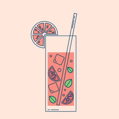 Meyve ve meyveli kokteyllerin parlak bir çizimi. Dekorasyon menüleri, sosyal ağlardaki simgeler, tematik dekorlar için uygun. Yaz havası için..